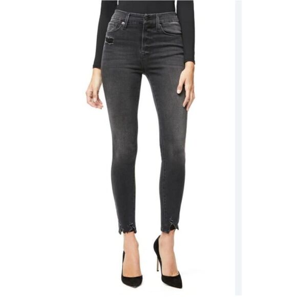 Good American Good Waist High Waist Skinny Jeans 2/26 Washed Black Distressed - Picture 1 of 7